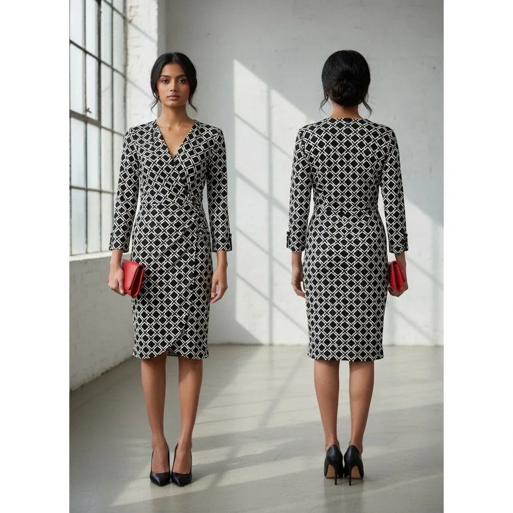 White House Black Market Faux Wrap Dress Black White Geometric 3/4 Sleeve Size 2